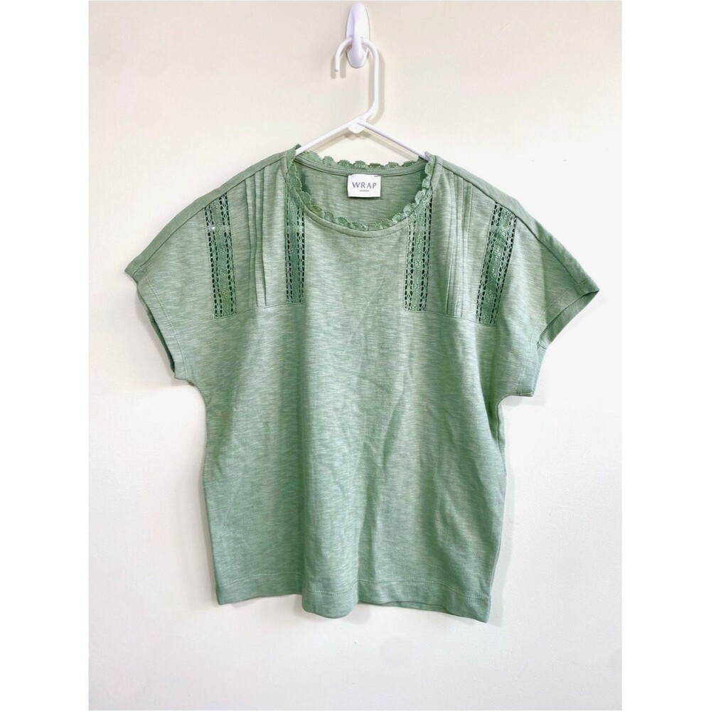 Wrap London 100% Cotton Sage Green Lace-Trim Short Sleeve Top